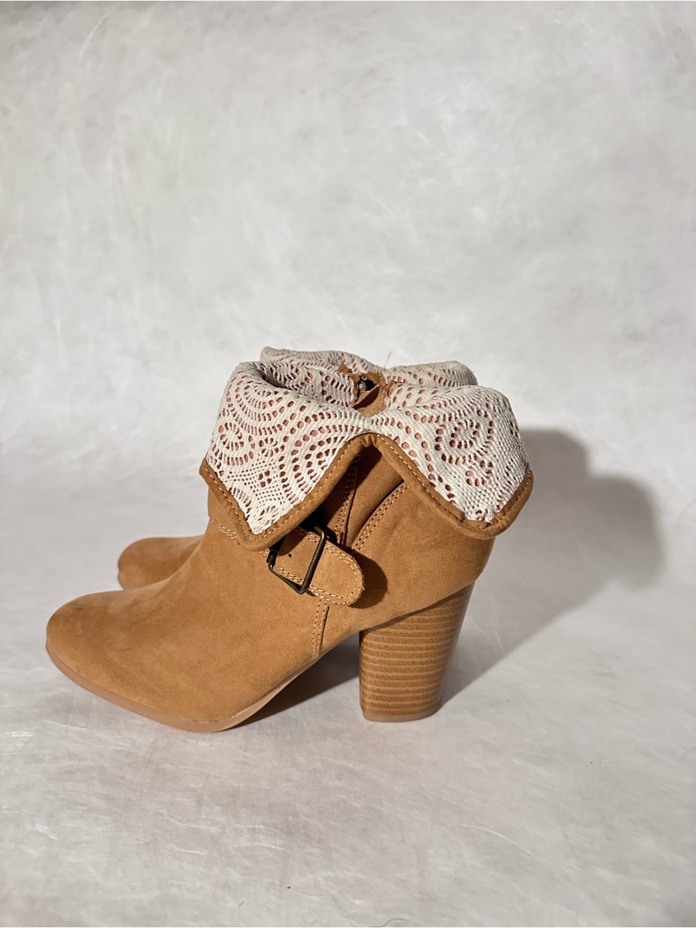 Etcetera Tan Suede Fold-Over Ankle Boot with Crochet Cuff